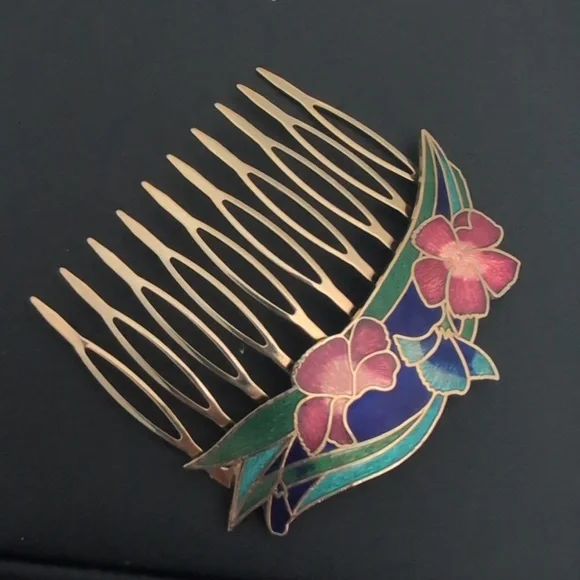 Vintage-Cloisonne Pink , purple and Blue‎ Floral Hair Comb - Picture 5 of 5